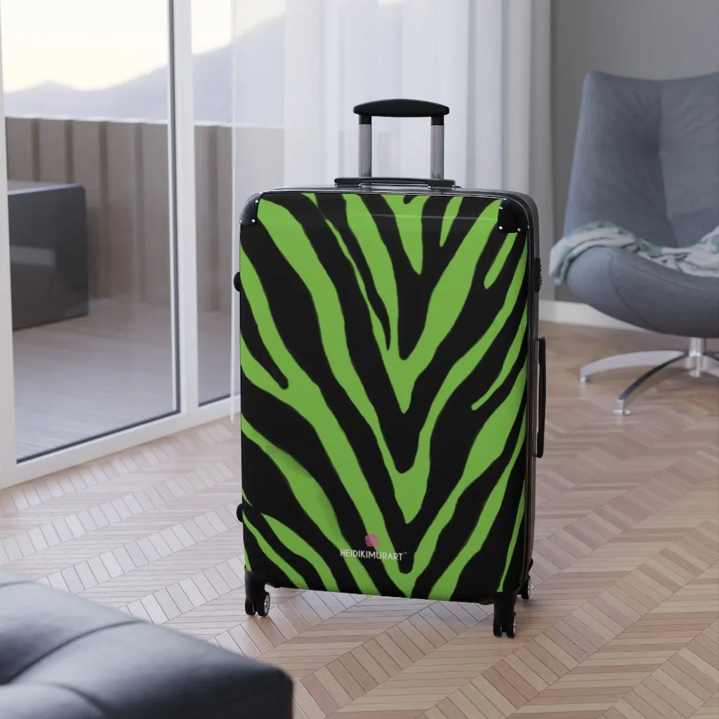 Green Zebra Print Suitcases, Zebra Striped Animal Print Designer Suitcase Luggage (Small, Medium, Large)