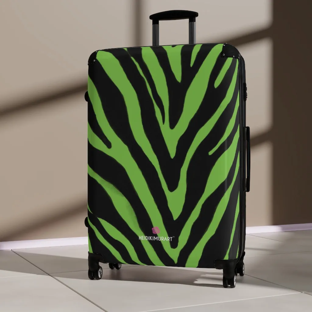 Green Zebra Print Suitcases, Zebra Striped Animal Print Designer Suitcase Luggage (Small, Medium, Large)