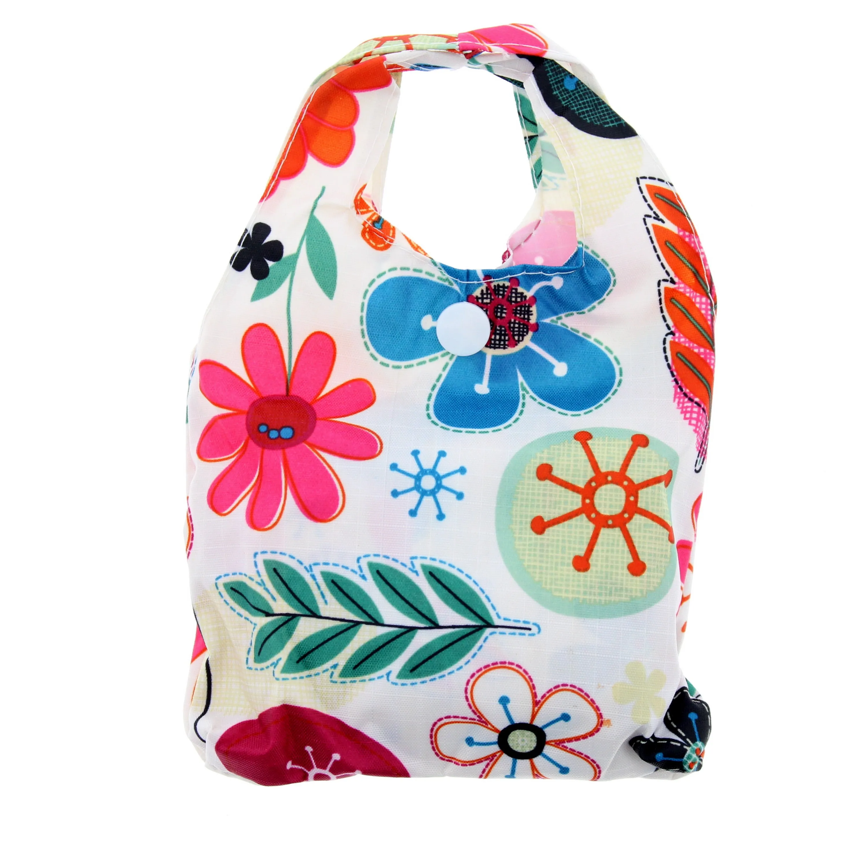 Heavy Duty Floral Print White Shopping Bag in Pocket Pouch