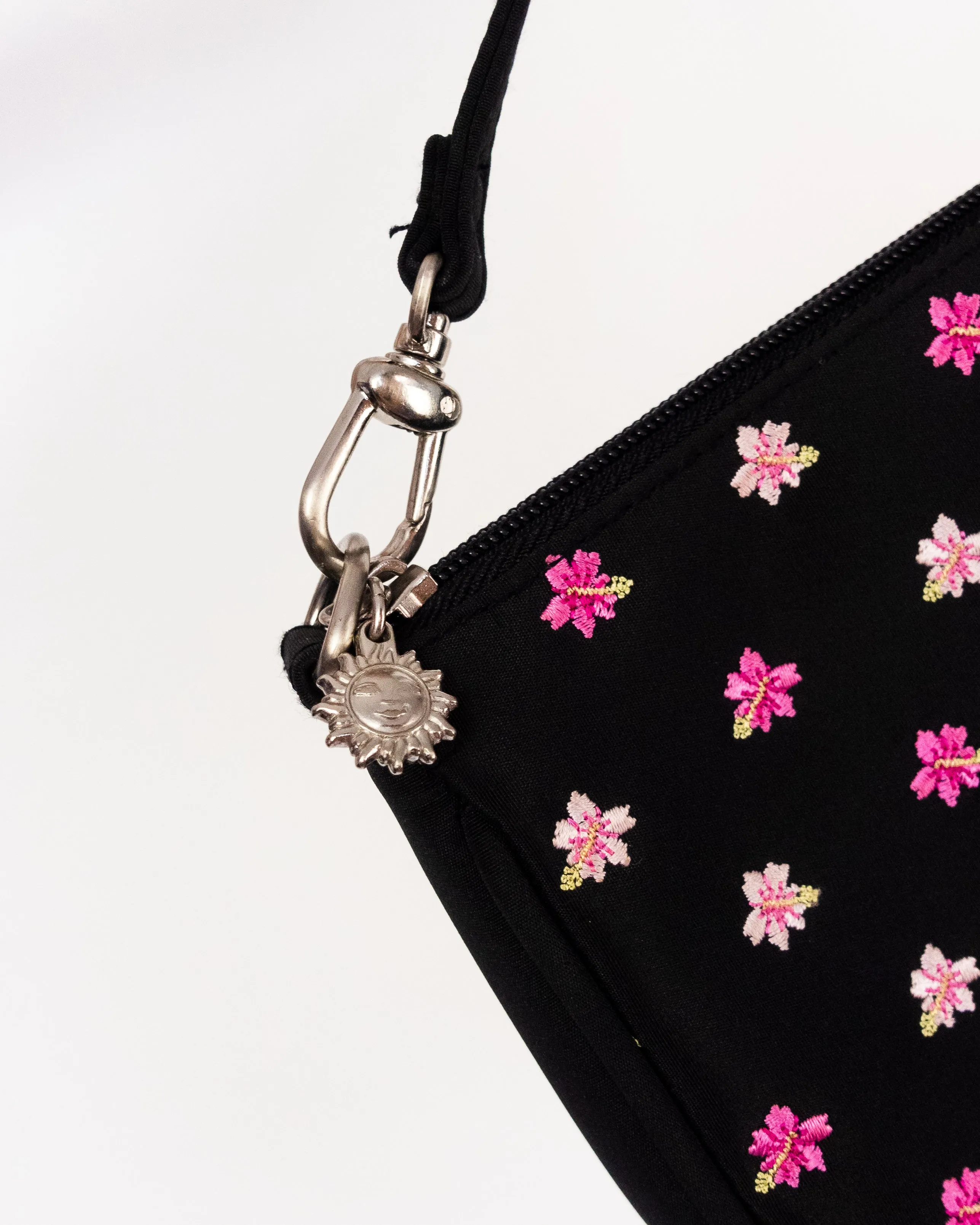 Hibiscus Print Embroidered Mini Bag Black