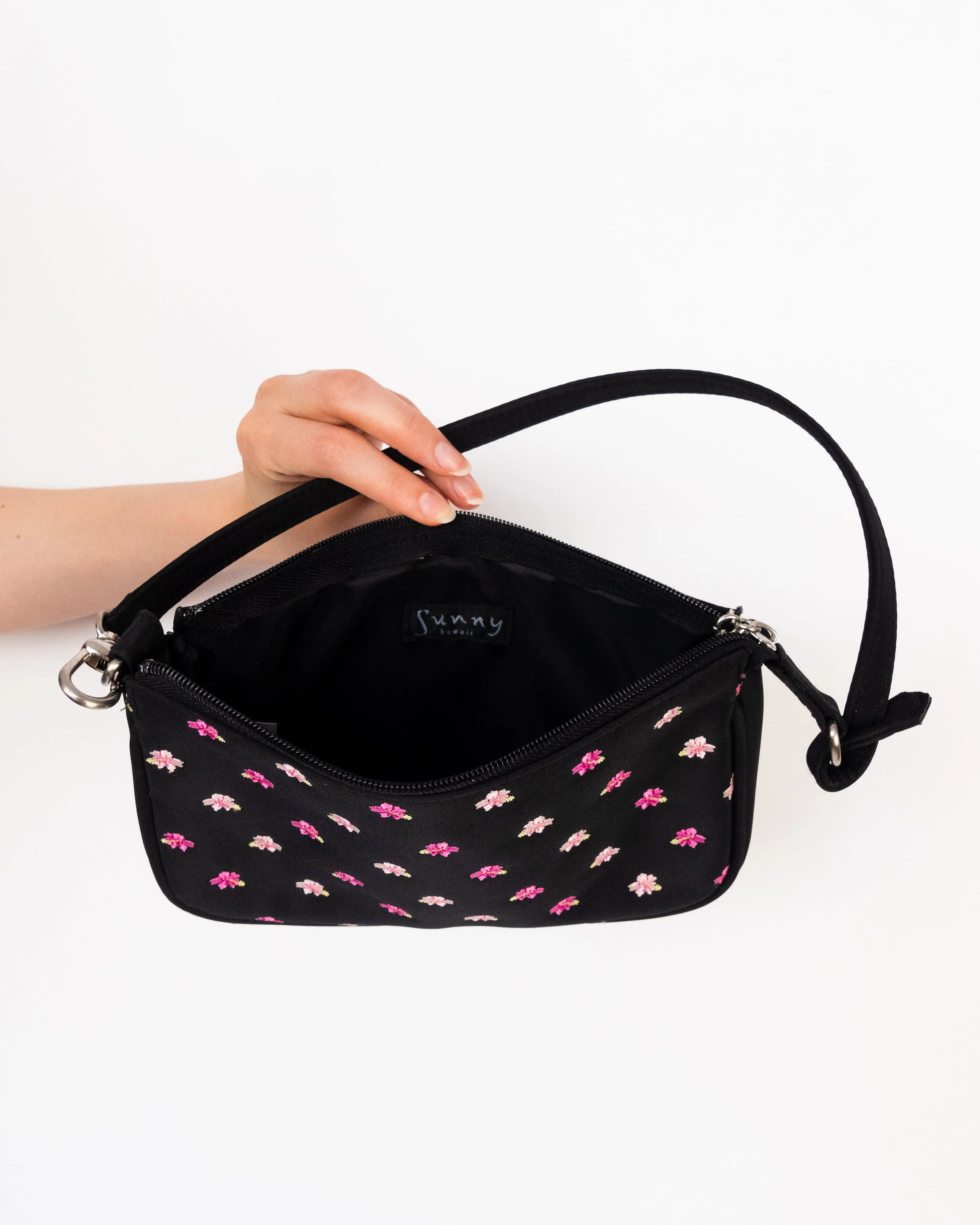 Hibiscus Print Embroidered Mini Bag Black