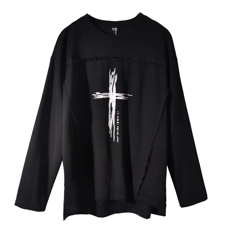 Hip Hop Long Sleeve T-Shirt Men Autumn Dark Personalized Printing Streetwear Sweat Shirts Cotton Tops Tees Black