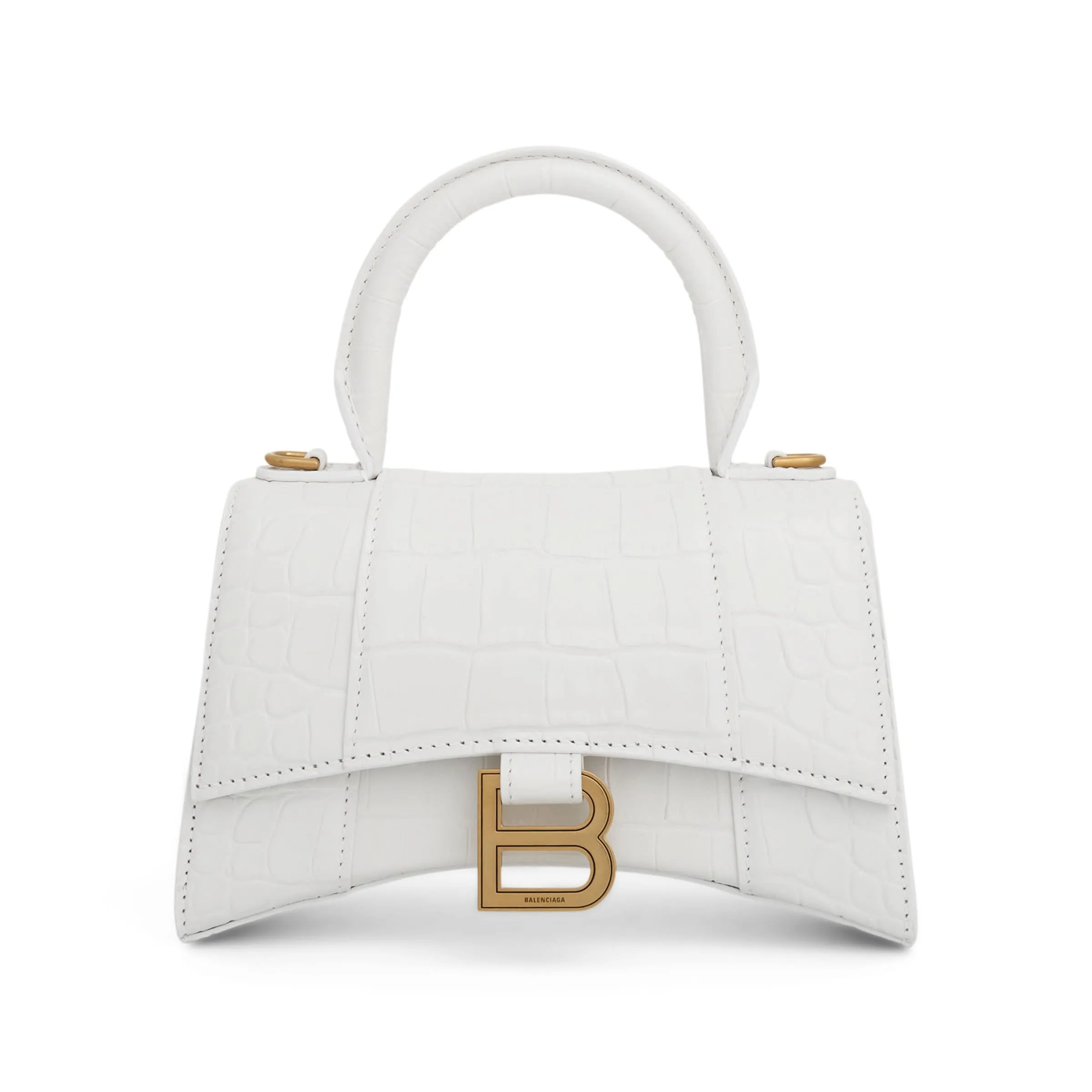 Hourglass XS Croco Embossed Bag in White with Gold Plague