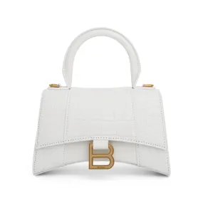 Hourglass XS Croco Embossed Bag in White with Gold Plague