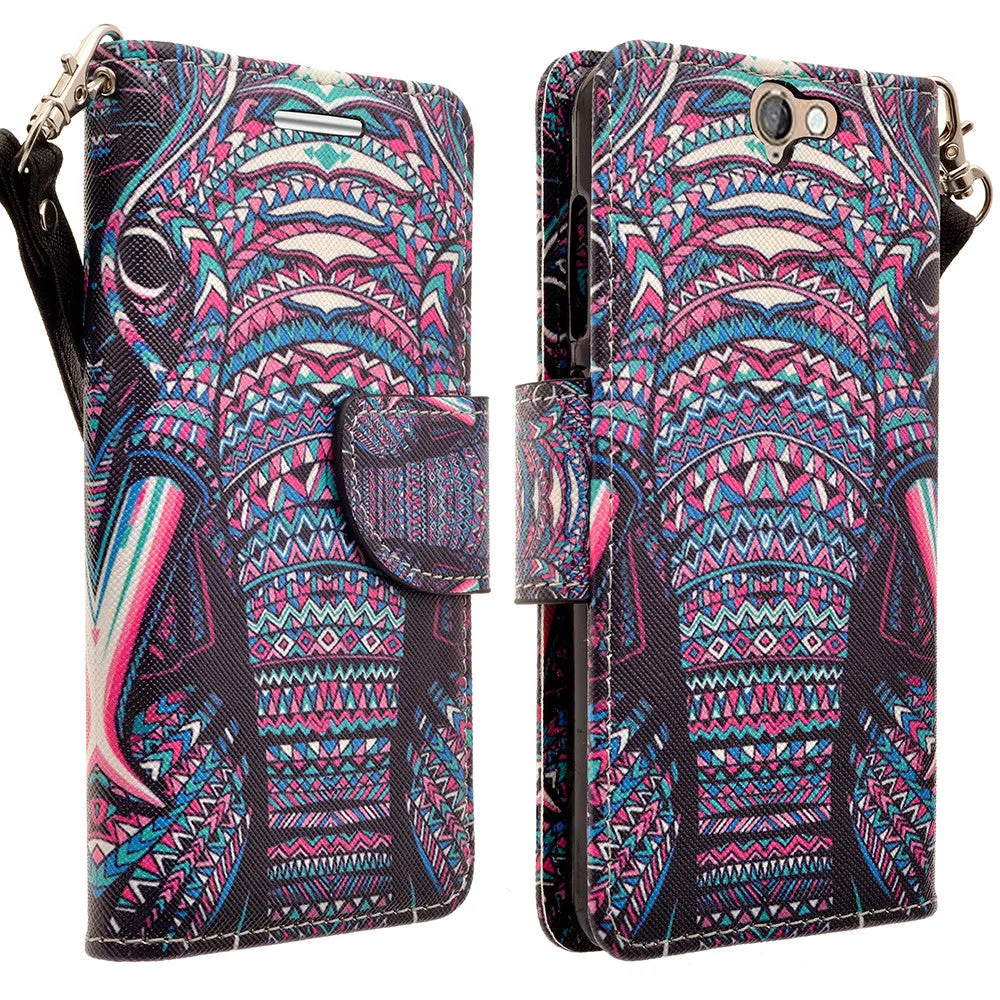 HTC One A9 Case, Wrist Strap Magnetic Fold[Kickstand] Pu Leather Wallet Case with ID & Credit Card Slots for HTC One A9 - Tribal Elephant