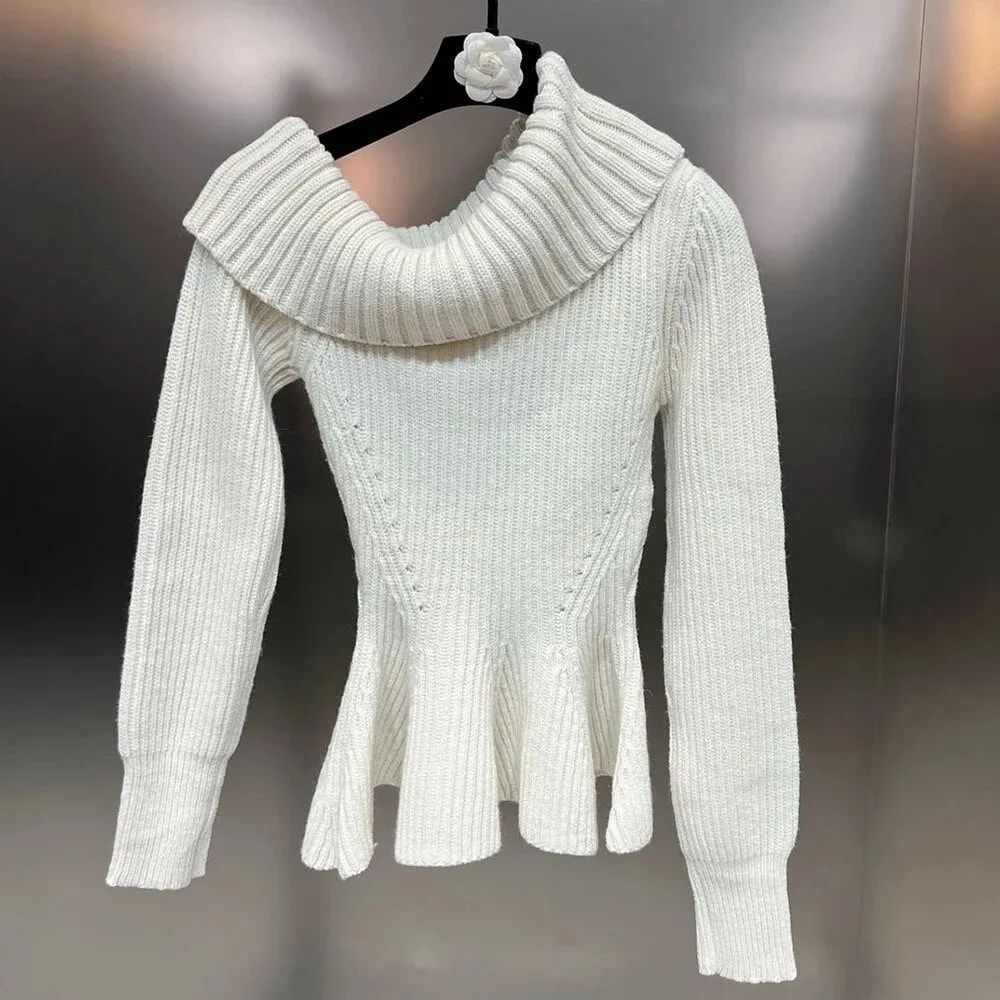 Knitting Minimalist Sweater For Women Skew Collar Long Sleeve Off Shoulder Casual Pullover Female Clothing