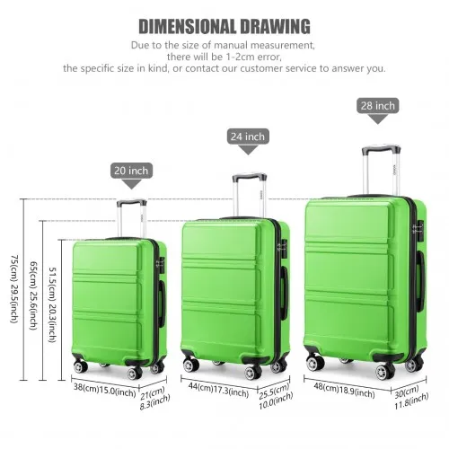 Kono 3 Piece ABS Sculpted Horizontal Design Suitcase Set in Green - Lightweight & Durable Travel Luggage