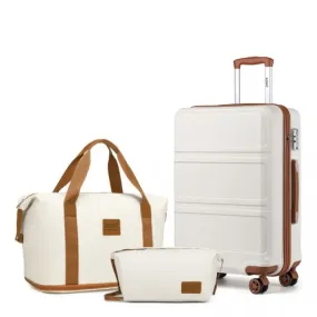 Kono ABS 20'' Suitcase with Weekend Bag & Toiletry Bag - Cream | Stylish & Durable Travel Set