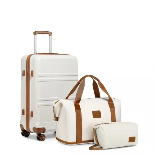 Kono ABS 20'' Suitcase with Weekend Bag & Toiletry Bag - Cream | Stylish & Durable Travel Set