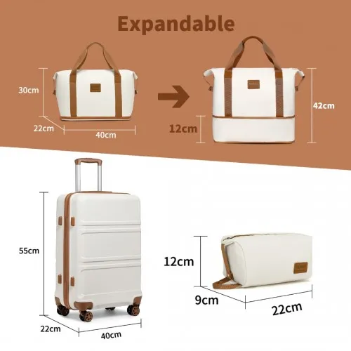 Kono ABS 20'' Suitcase with Weekend Bag & Toiletry Bag - Cream | Stylish & Durable Travel Set