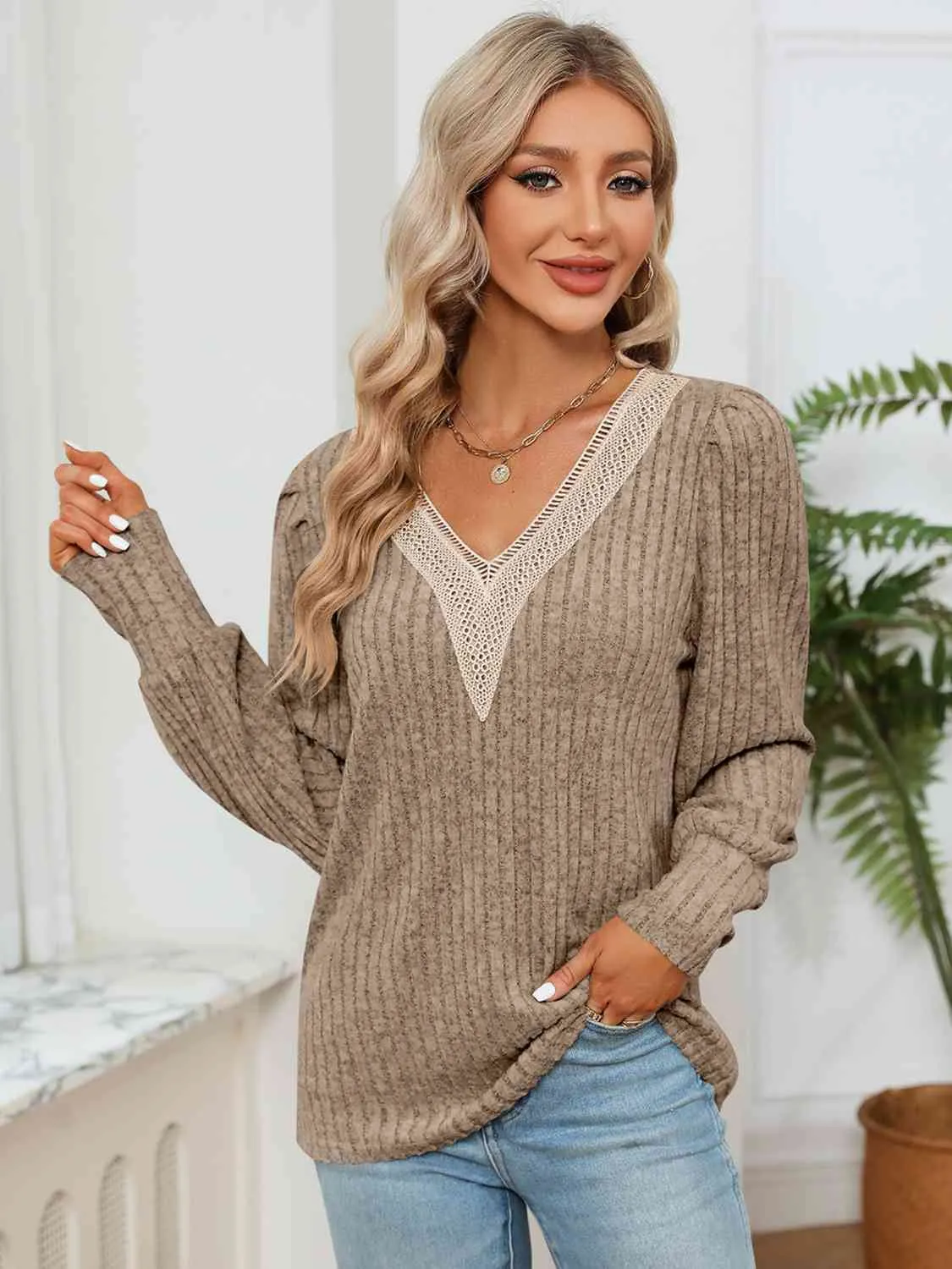 Lace Detail V-Neck Ribbed Blouse