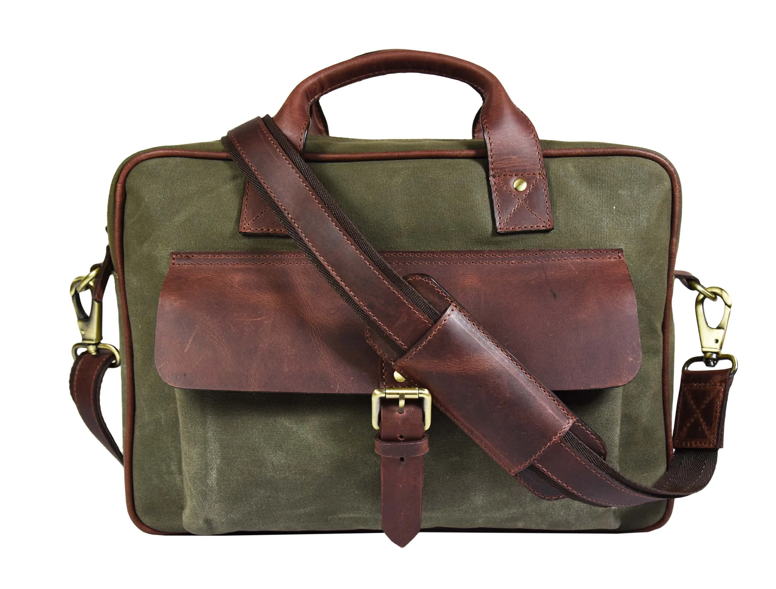 Leather 15" Canvas Briefcase Bag Seaweed Green (PB-154)