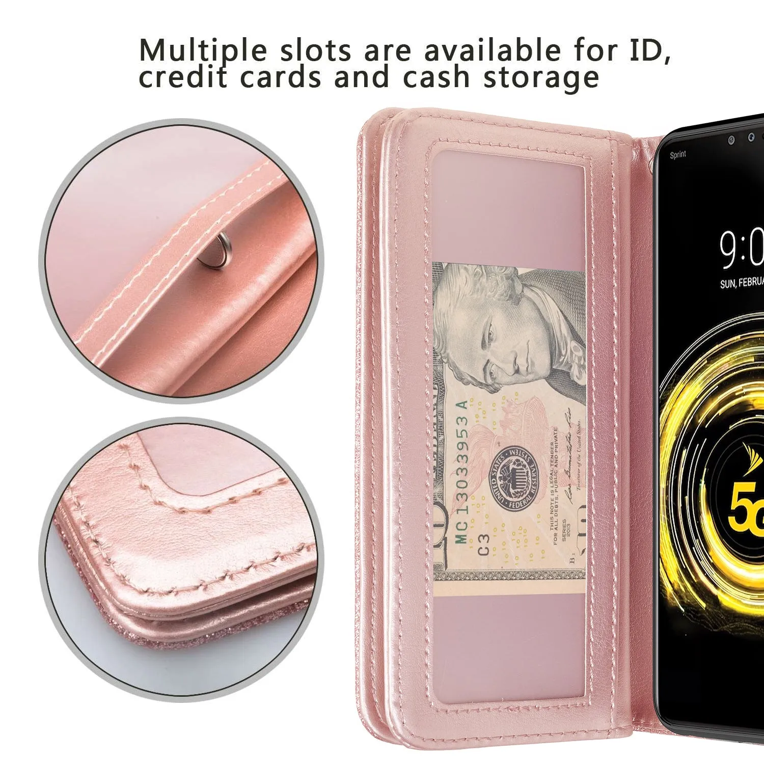 LG V50 ThinQ 5G Case, V50 ThinQ Case, Glitter Faux Leather Flip Credit Card Holder Wrist Strap Shockproof Protective Wallet Case Clutch for LG V50 ThinQ 5G - Rose Gold