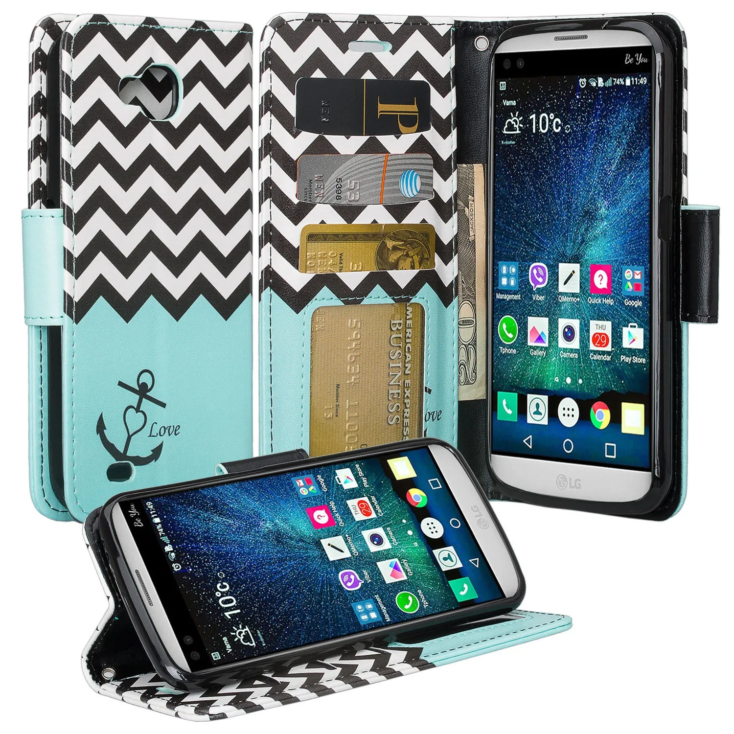 LG V9 Case, LG V9 Wallet Case, Slim Flip Folio [Kickstand] Pu Leather Wallet Case with ID & Card Slots & Pocket   Wrist Strap - Teal Anchor