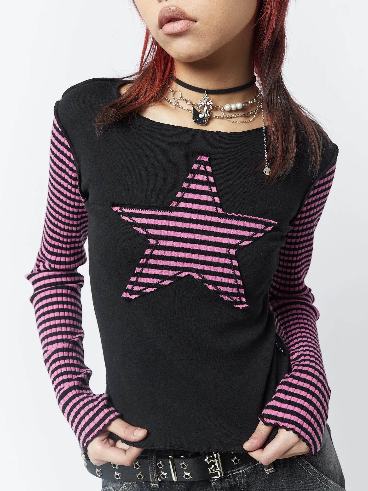 Lost Star Pink Black Striped Long Sleeve Top