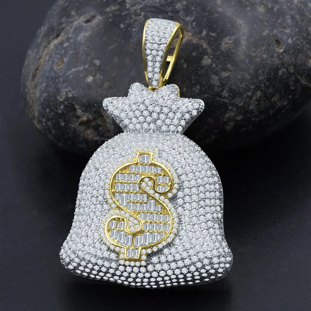 Money Bag Baguette $ VVS CZ Iced Out Pendant .925 Sterling Silver