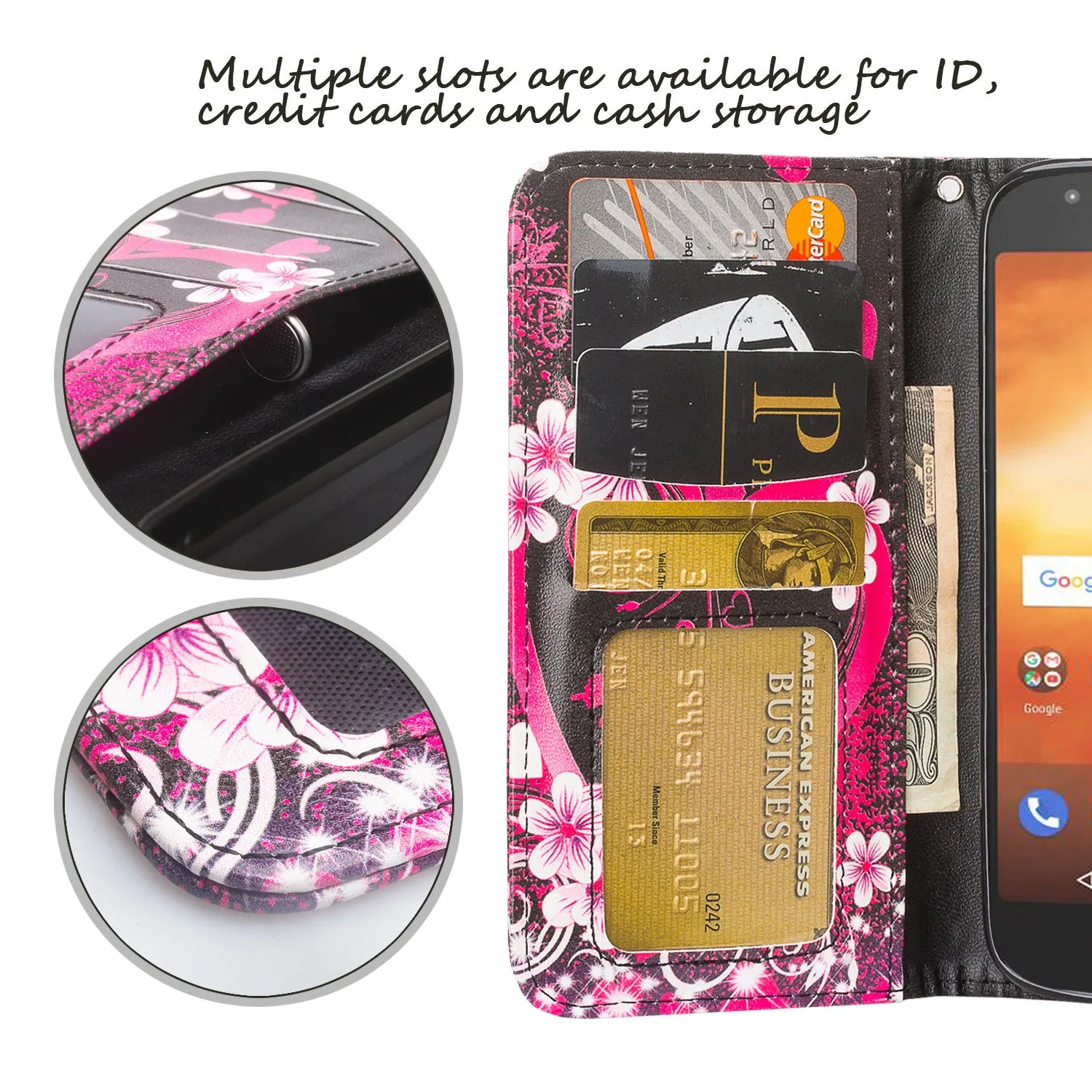 Motorola Moto E5 Play / E5 Cruise / E5 GO Wallet Case, Wrist Strap Leather Wallet Case [Kickstand] with ID & Credit Card Slots - Heart Butterflies