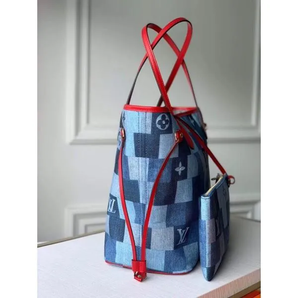 Neverfull Mm Tote Bag In Damier Monogram Denim Canvas M44981 Blue/red 2020 Collection