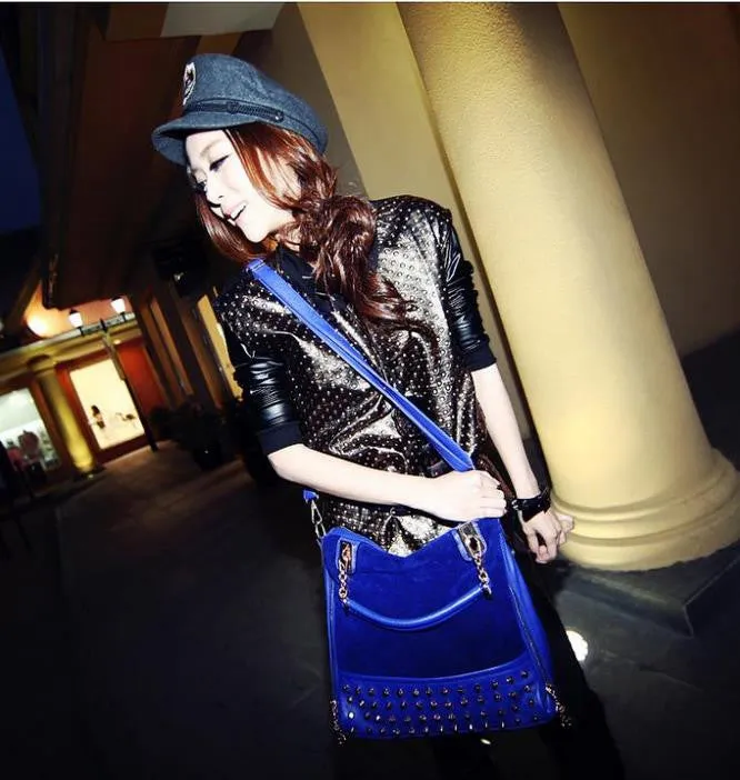 New rivet package stitching flannel bag shoulder bag brand Rivet Studded Messenger Bag