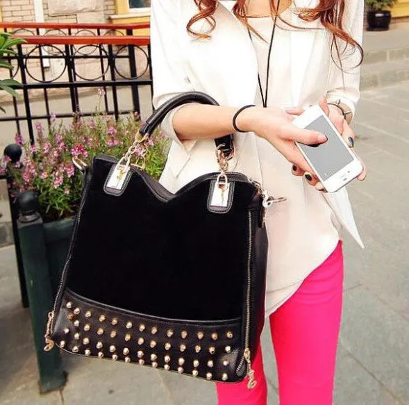 New rivet package stitching flannel bag shoulder bag brand Rivet Studded Messenger Bag