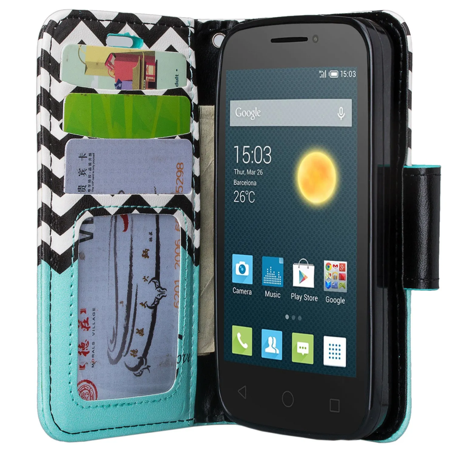 Onetouch Pixi Pulsar Case, Wrist Strap Flip Fold [Kickstand Feature] Pu Leather Wallet Case with ID & Credit Card Slots For Alcatel Onetouch Pixi Pulsar - Teal Anchor