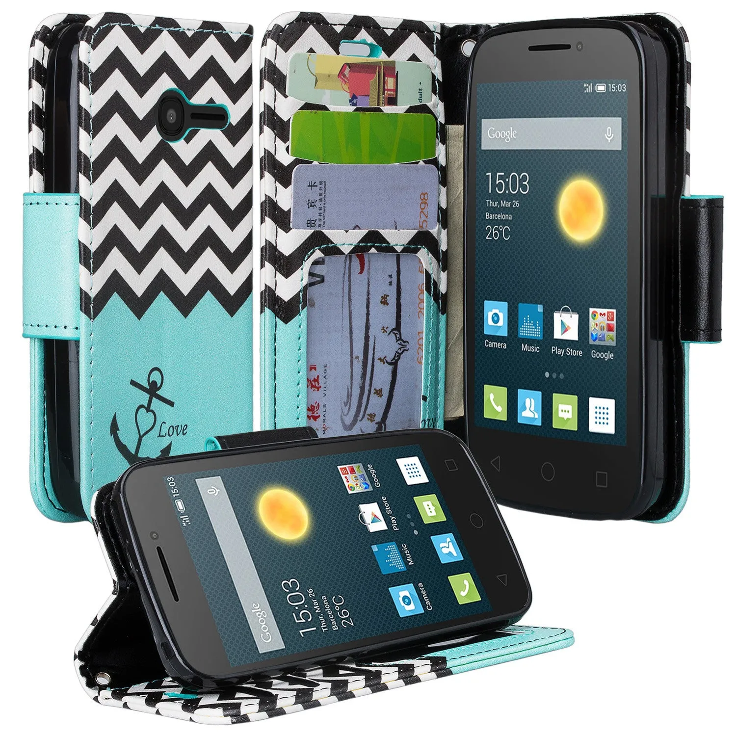 Onetouch Pixi Pulsar Case, Wrist Strap Flip Fold [Kickstand Feature] Pu Leather Wallet Case with ID & Credit Card Slots For Alcatel Onetouch Pixi Pulsar - Teal Anchor