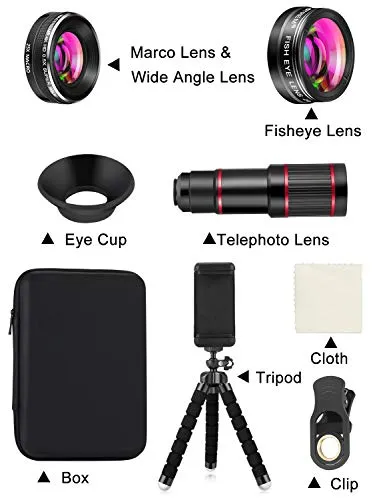 Phone Camera Lens Phone Lens Kit 9 in 1, 20X Telephoto Lens, 205° Fisheye Lens, 0.5X Wide Angle Lens & 25X Macro Lens