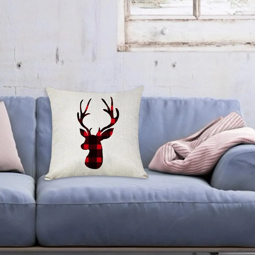 Pillow Case Elk Printed Checked Sofa Cushion Cover Xmas Home Party Decor