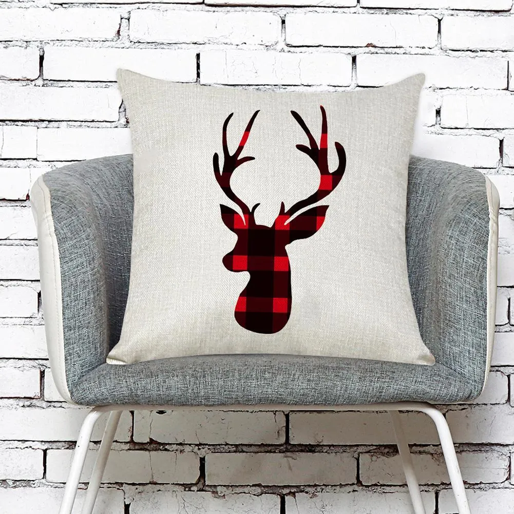 Pillow Case Elk Printed Checked Sofa Cushion Cover Xmas Home Party Decor