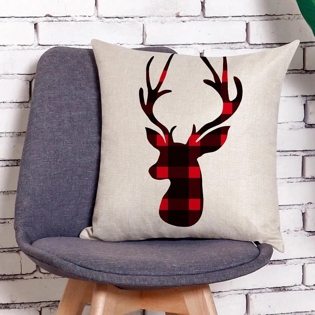 Pillow Case Elk Printed Checked Sofa Cushion Cover Xmas Home Party Decor