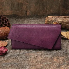 Purple Womens Vintage Leather Trifold Long Wallet Geometry Clutch Long Wallet for Ladies