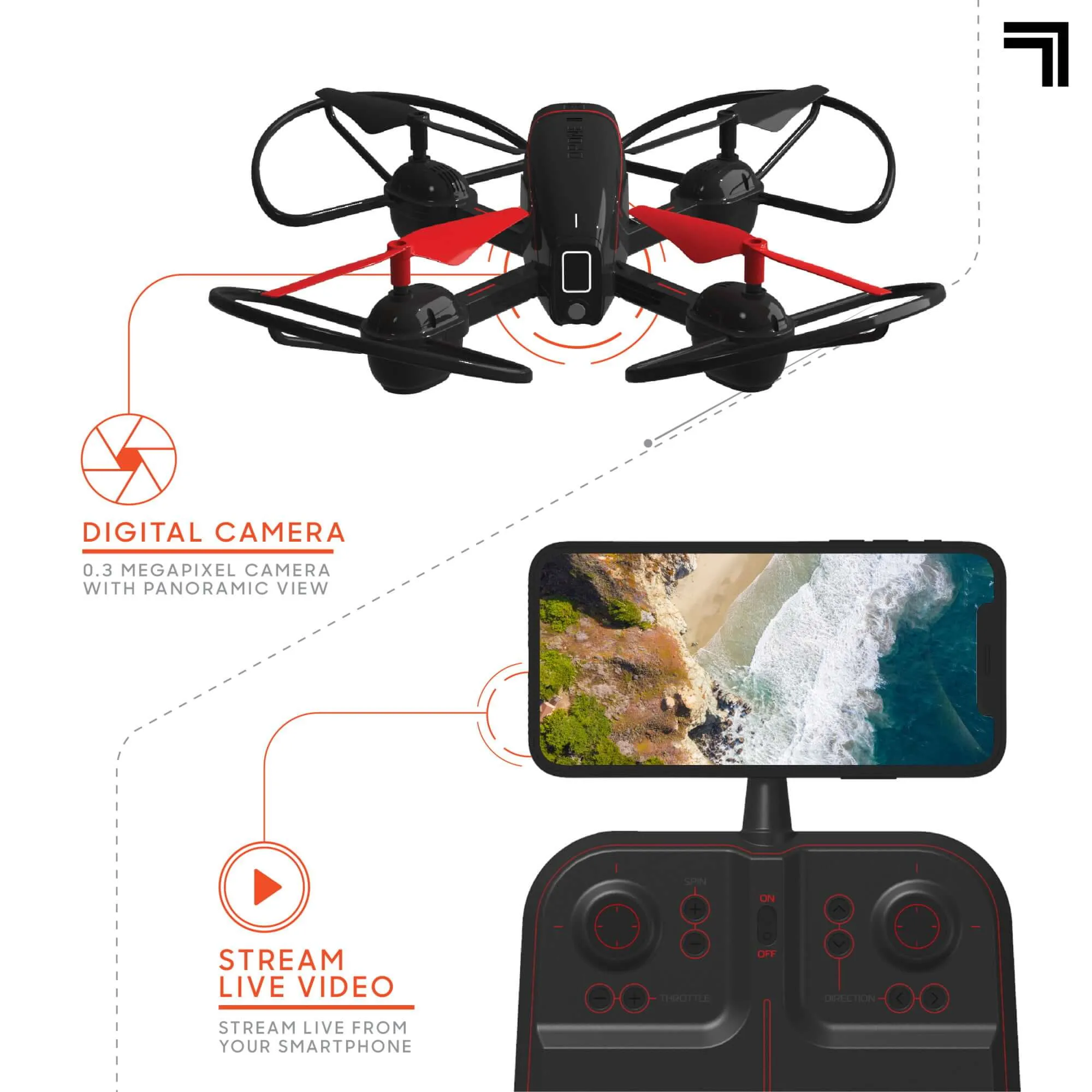 RC Drone with Streaming Camera 10" Mach X Auto-Orientation Camera Drone Remote Control Quadcopter