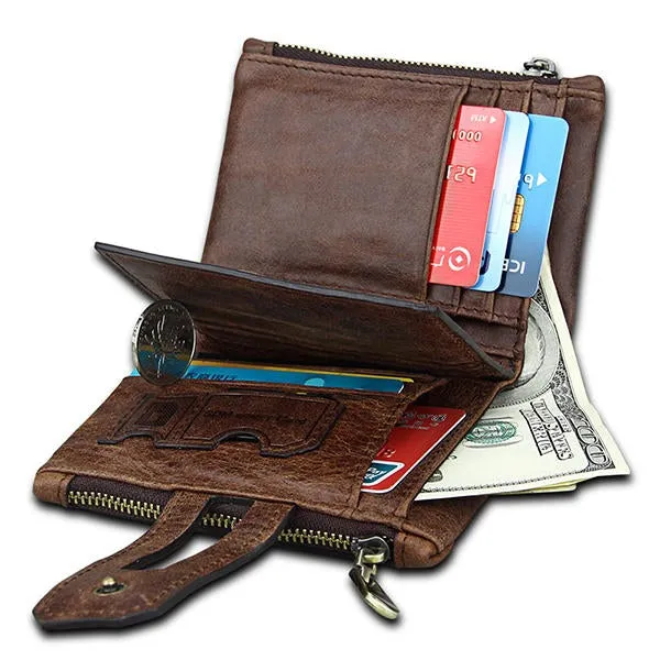 RFID Blocking Secure Wallet 11 Card Slots Vintage Genuine Leather Mens Zipper Wallet