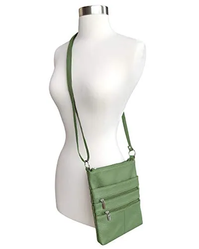 Roma Leathers Mini Cross Body Purse Multi Pocket Handbag Olive Green Designed in the U.S.A.