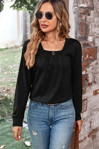 Ruched Square Neck Long Sleeve T-Shirt