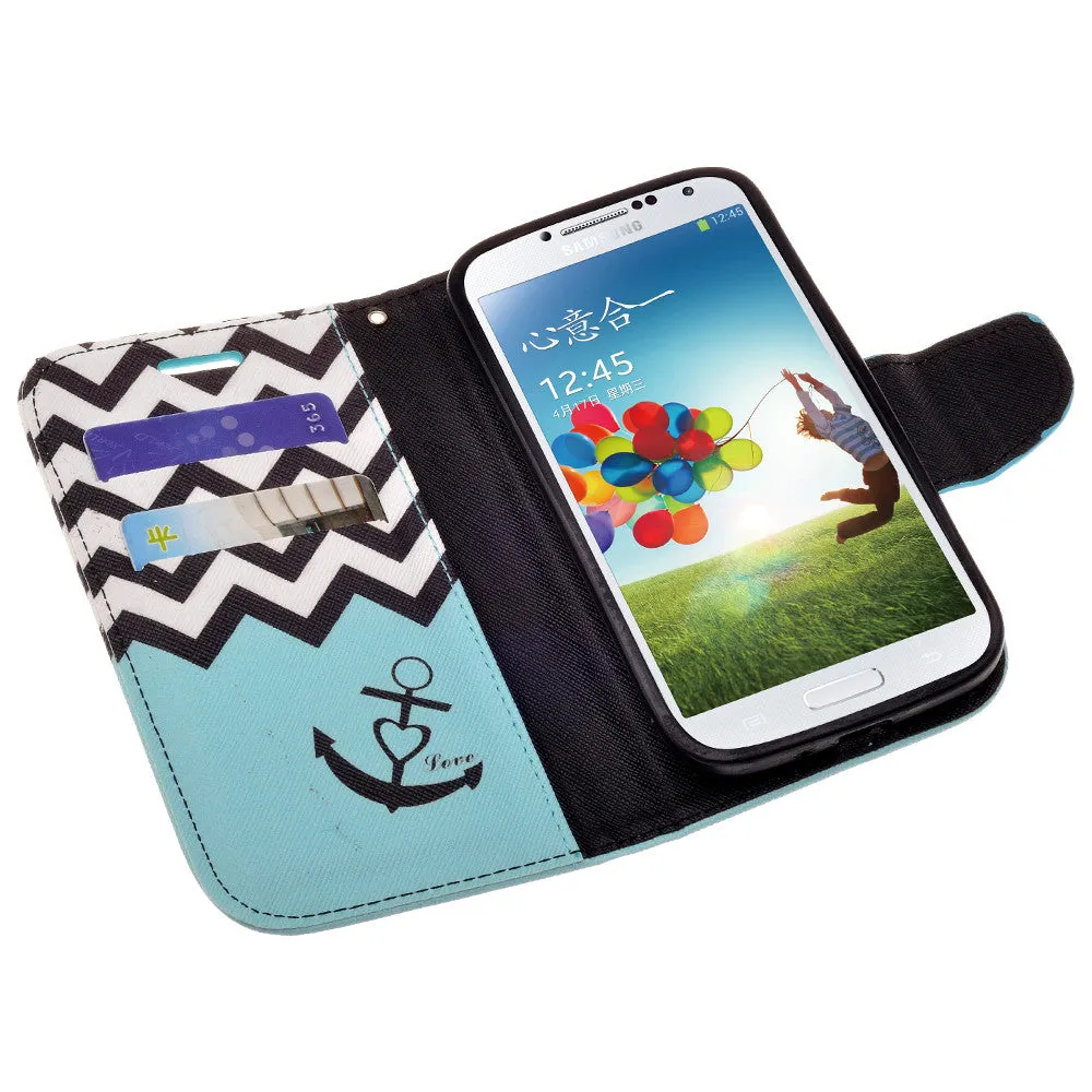 Samsung Galaxy S4 Case, Wrist Strap Magnetic Fold[Kickstand] Pu Leather Wallet Case with ID & Credit Card Slots for Samsung Galaxy S4 - Teal Anchor