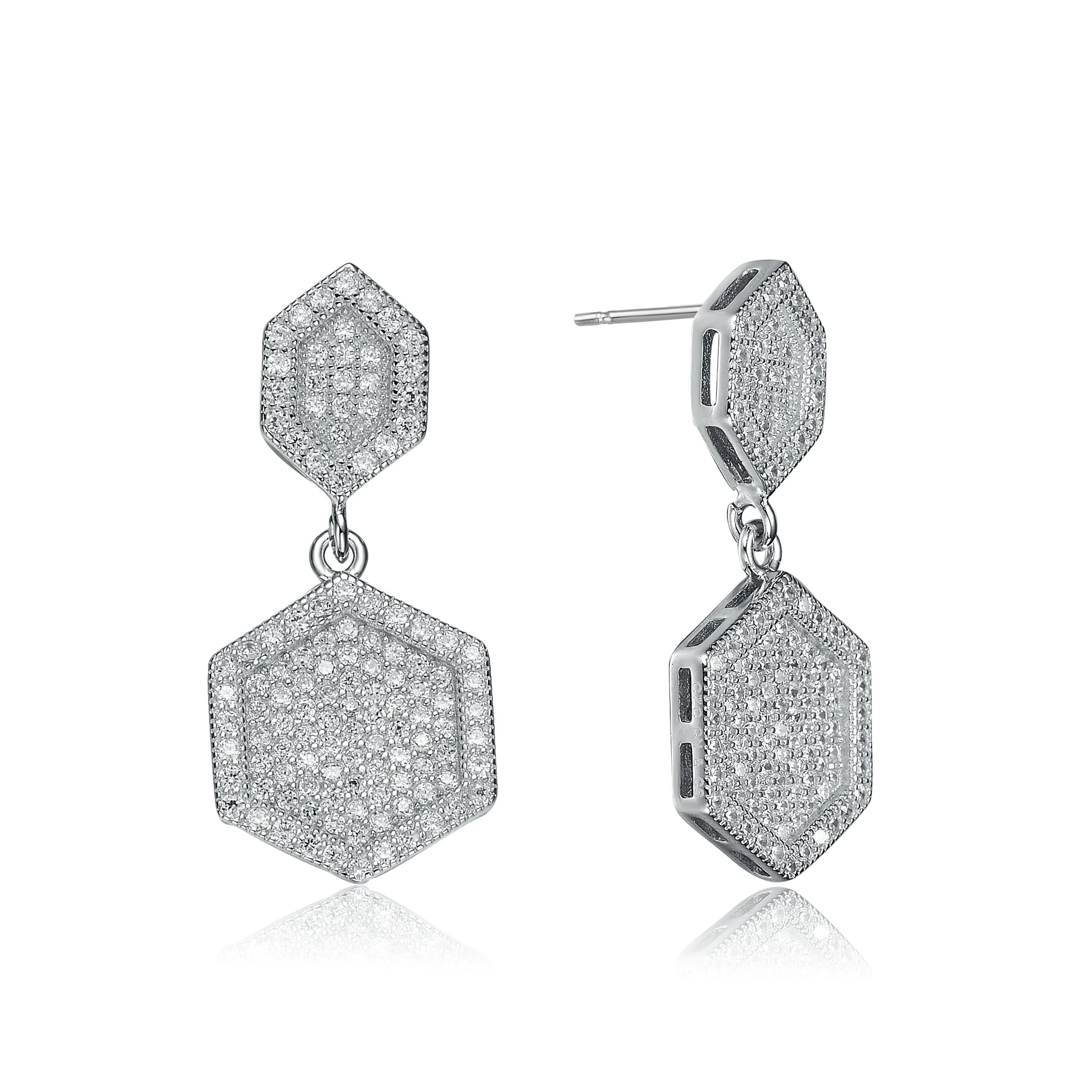 Sterling Silver Cubic Zirconia Pentagon-shaped Drop Earrings