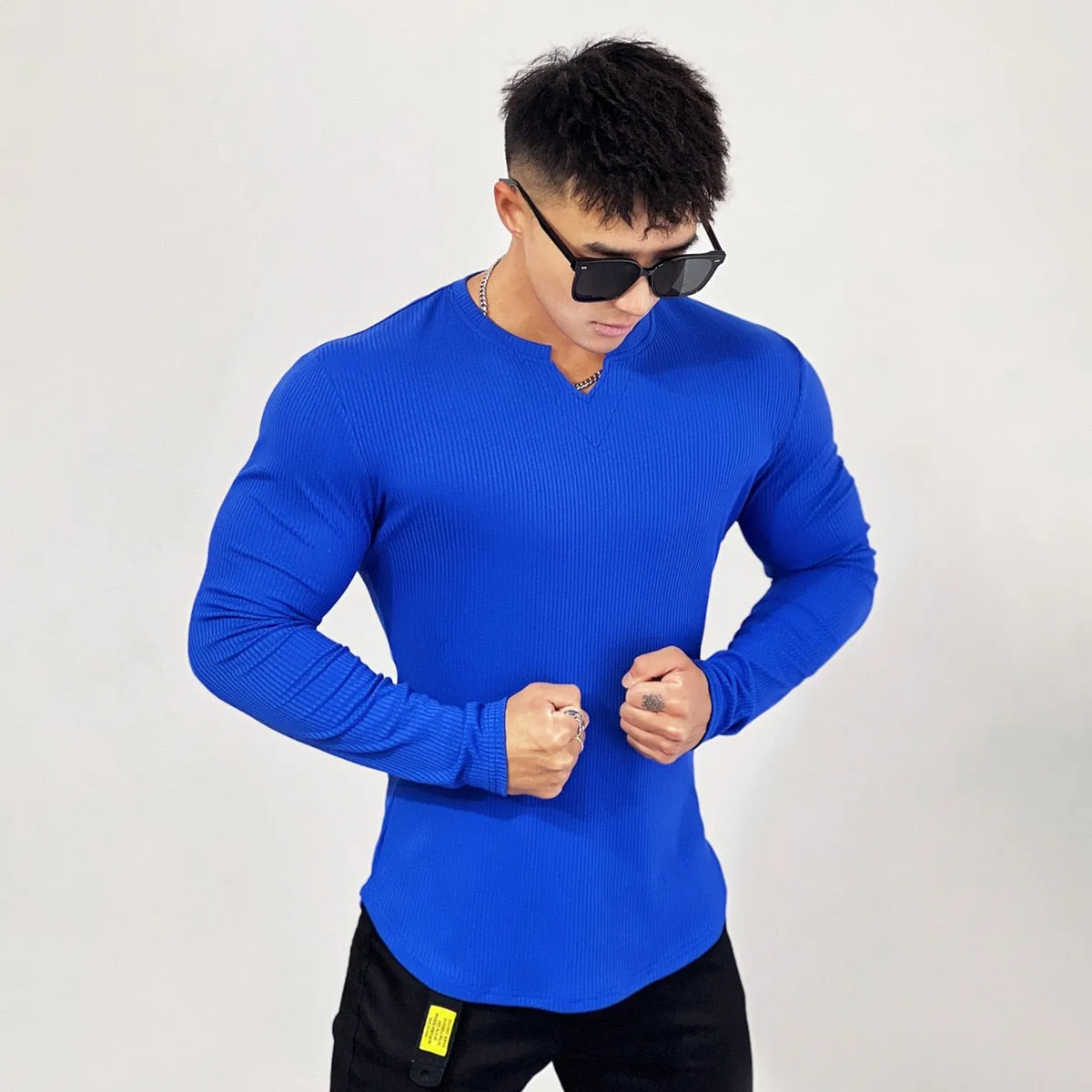 Stripe Gym Fitness T-shirt Men Casual Long Sleeve Skinny Shirt Male Bodybuilding Tee Tops Spring Running Sport Training Clothing