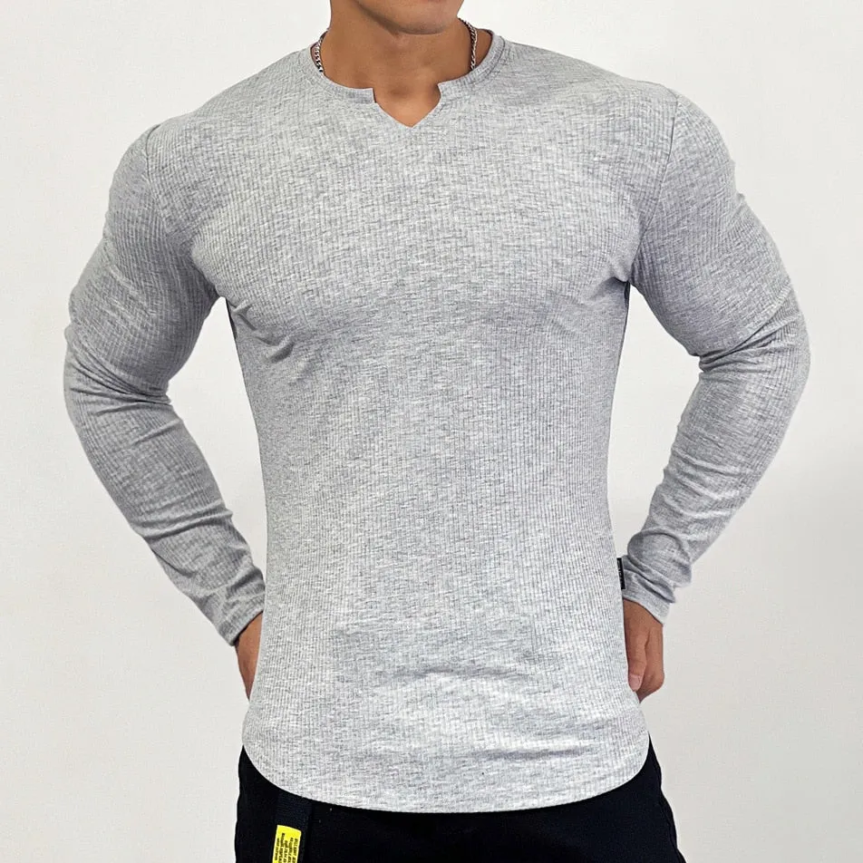 Stripe Gym Fitness T-shirt Men Casual Long Sleeve Skinny Shirt Male Bodybuilding Tee Tops Spring Running Sport Training Clothing