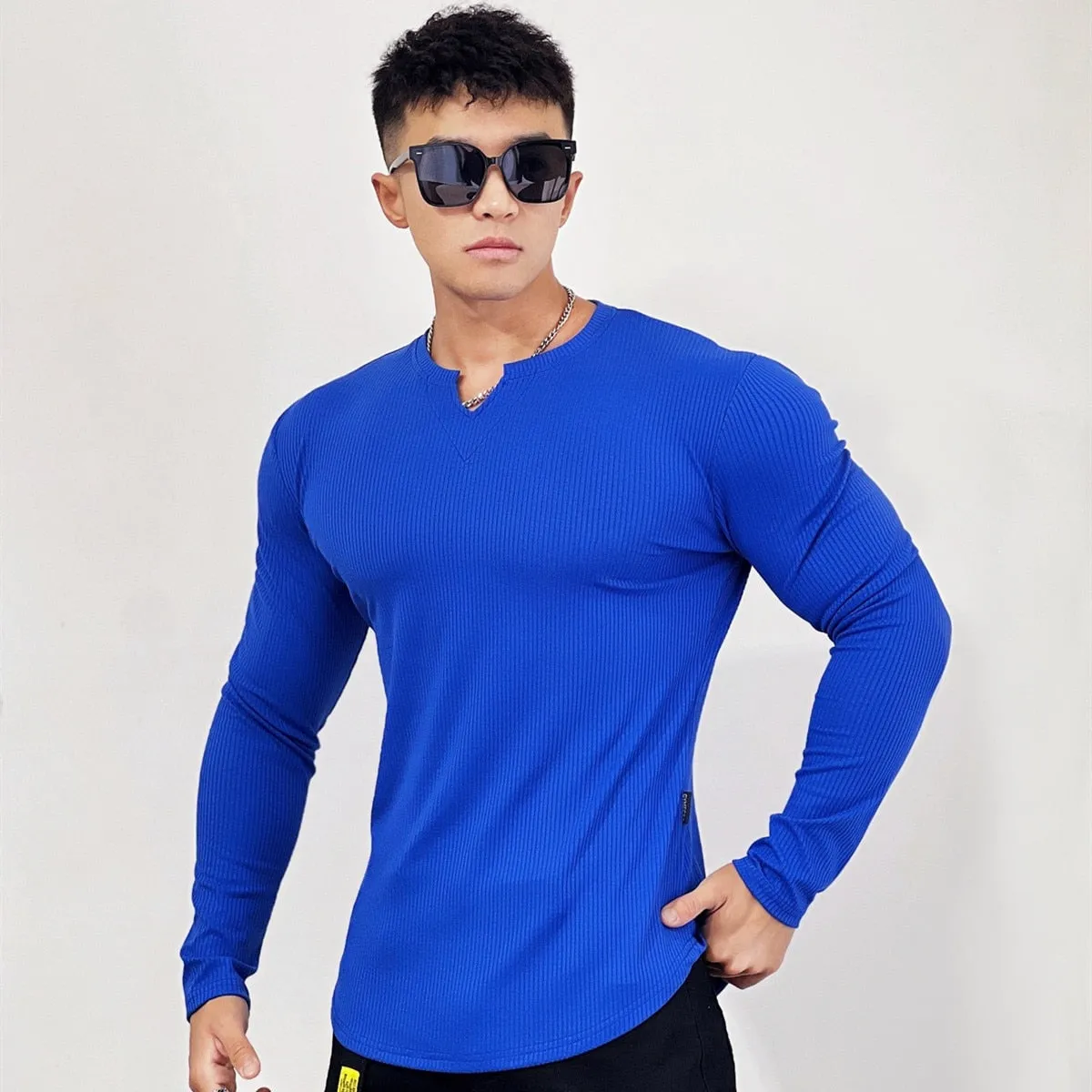 Stripe Gym Fitness T-shirt Men Casual Long Sleeve Skinny Shirt Male Bodybuilding Tee Tops Spring Running Sport Training Clothing