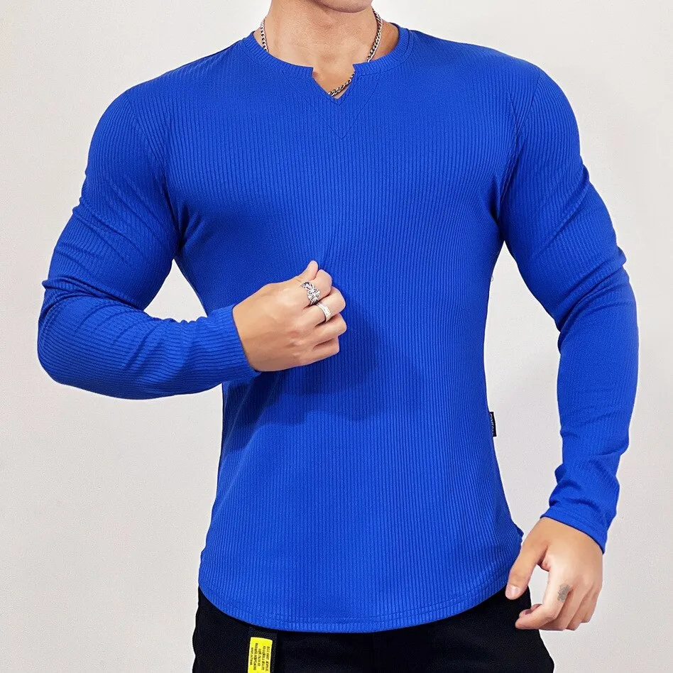 Stripe Gym Fitness T-shirt Men Casual Long Sleeve Skinny Shirt Male Bodybuilding Tee Tops Spring Running Sport Training Clothing