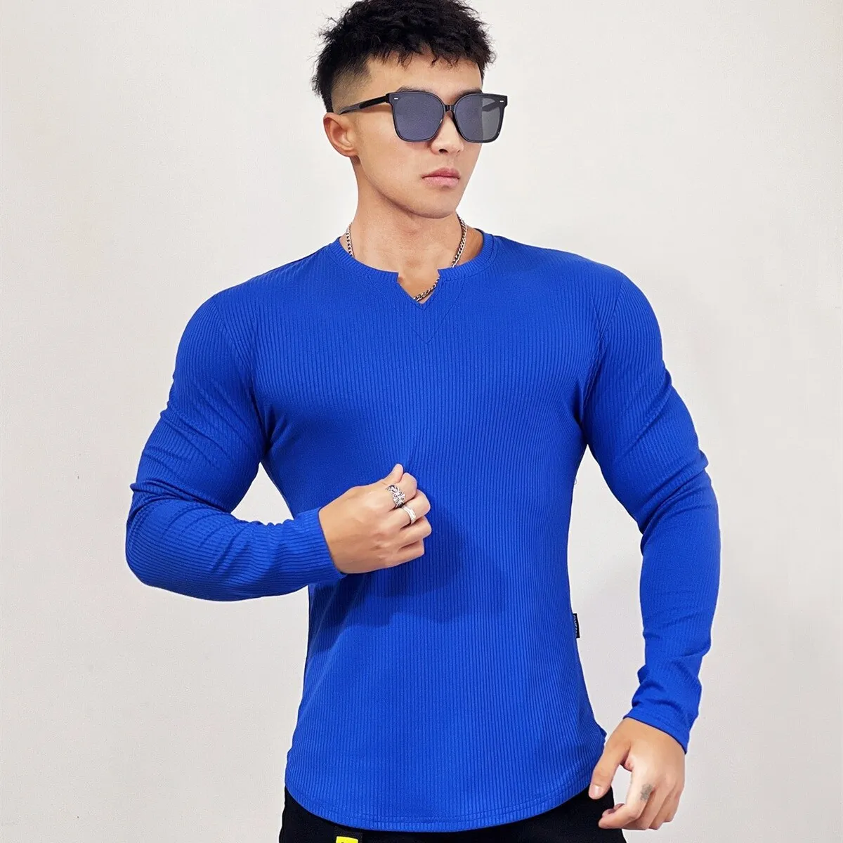 Stripe Gym Fitness T-shirt Men Casual Long Sleeve Skinny Shirt Male Bodybuilding Tee Tops Spring Running Sport Training Clothing