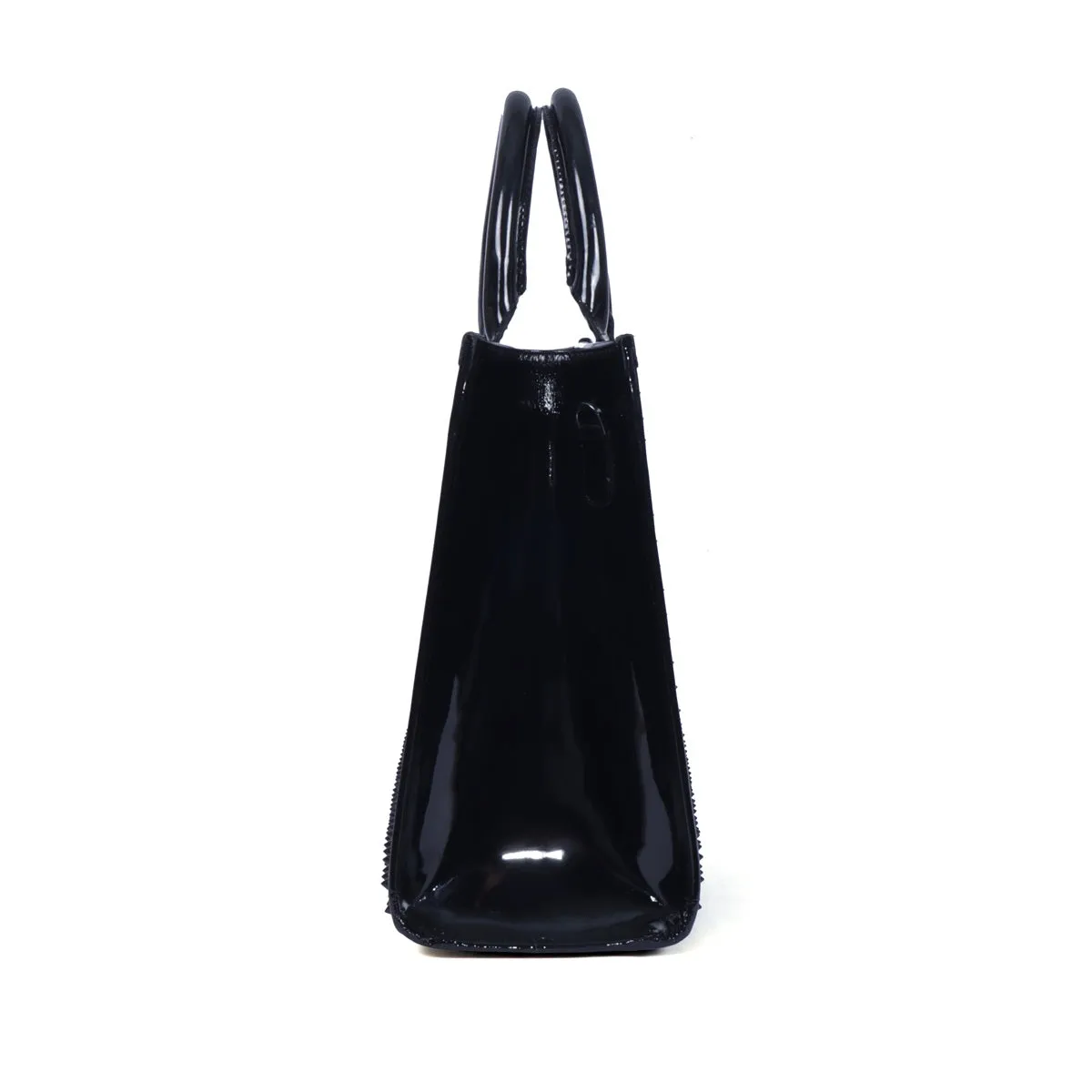 Studded Medium Sized Handbag in Black Patent Leather