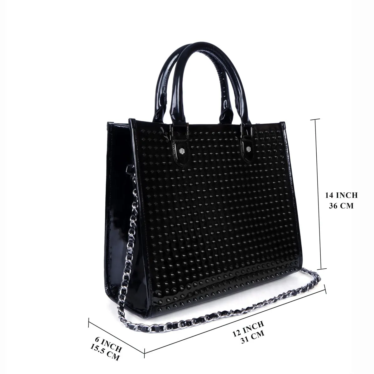 Studded Medium Sized Handbag in Black Patent Leather