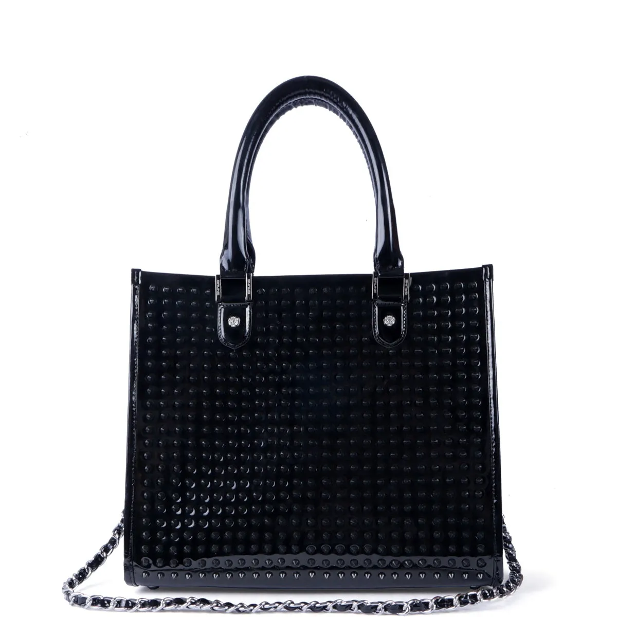 Studded Medium Sized Handbag in Black Patent Leather