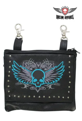 Studded Naked Cowhide Leather Turquoise Winged Skull Belt Bag