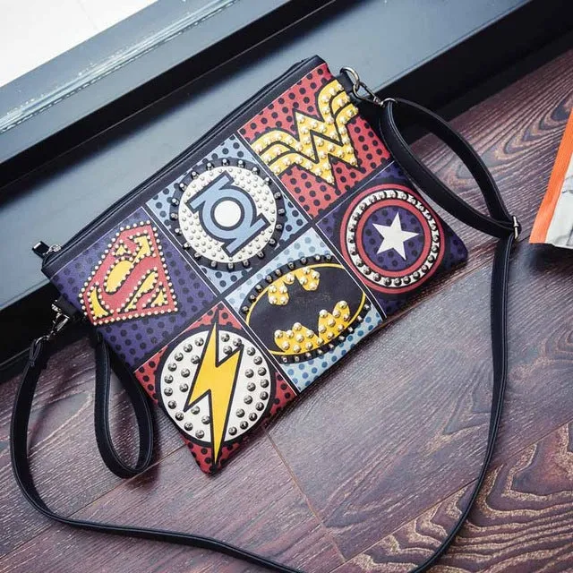 Superhero studded logo clutch wristlet