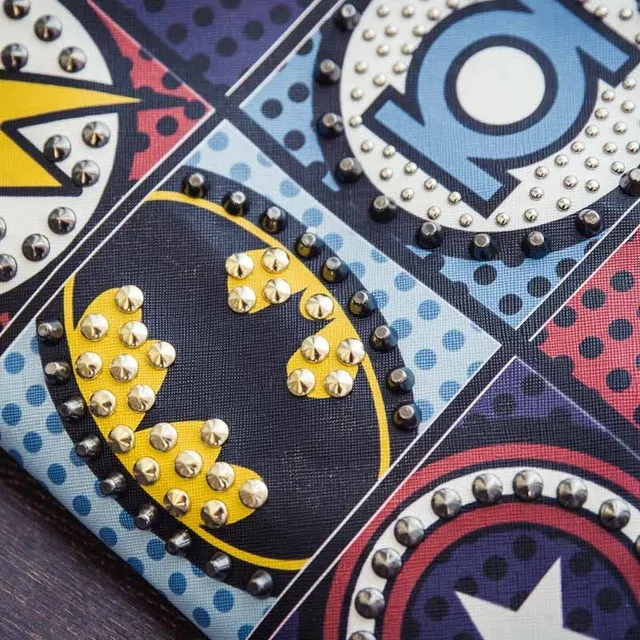 Superhero studded logo clutch wristlet