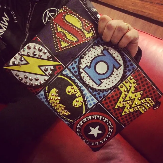 Superhero studded logo clutch wristlet