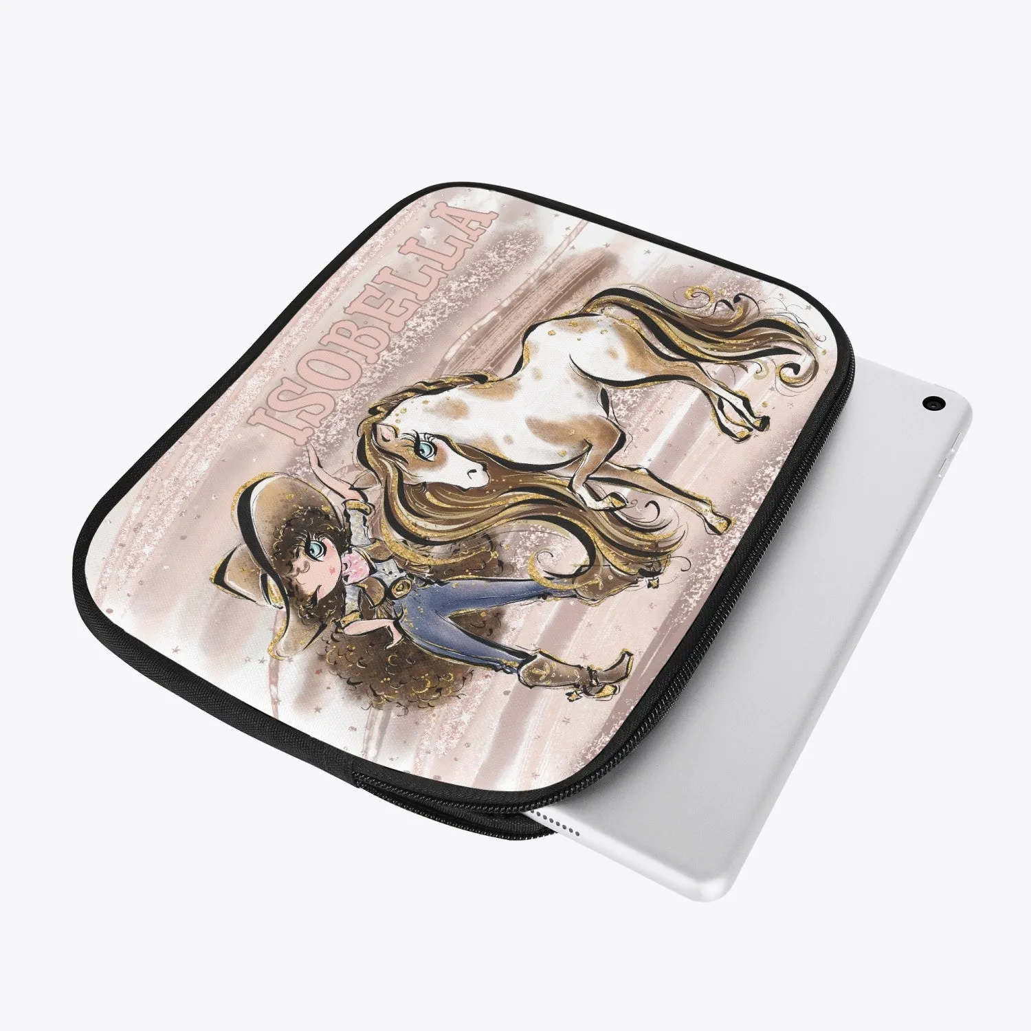 Tablet Sleeve - Howdy, Cowgirl and Horse, Brunette Curly Hair, Blue Eyes